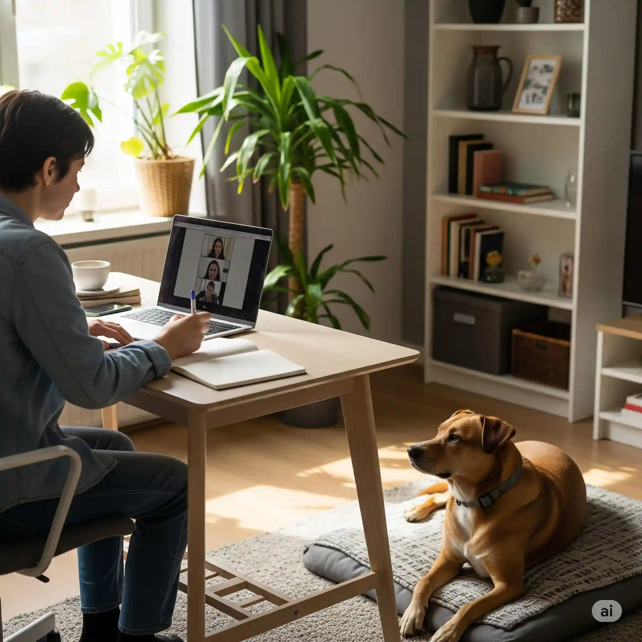 Sesión de adiestramiento canino online con el perro presente en casa Tutor trabajando el comportamiento de su perro durante una sesión de adiestramiento online en casa