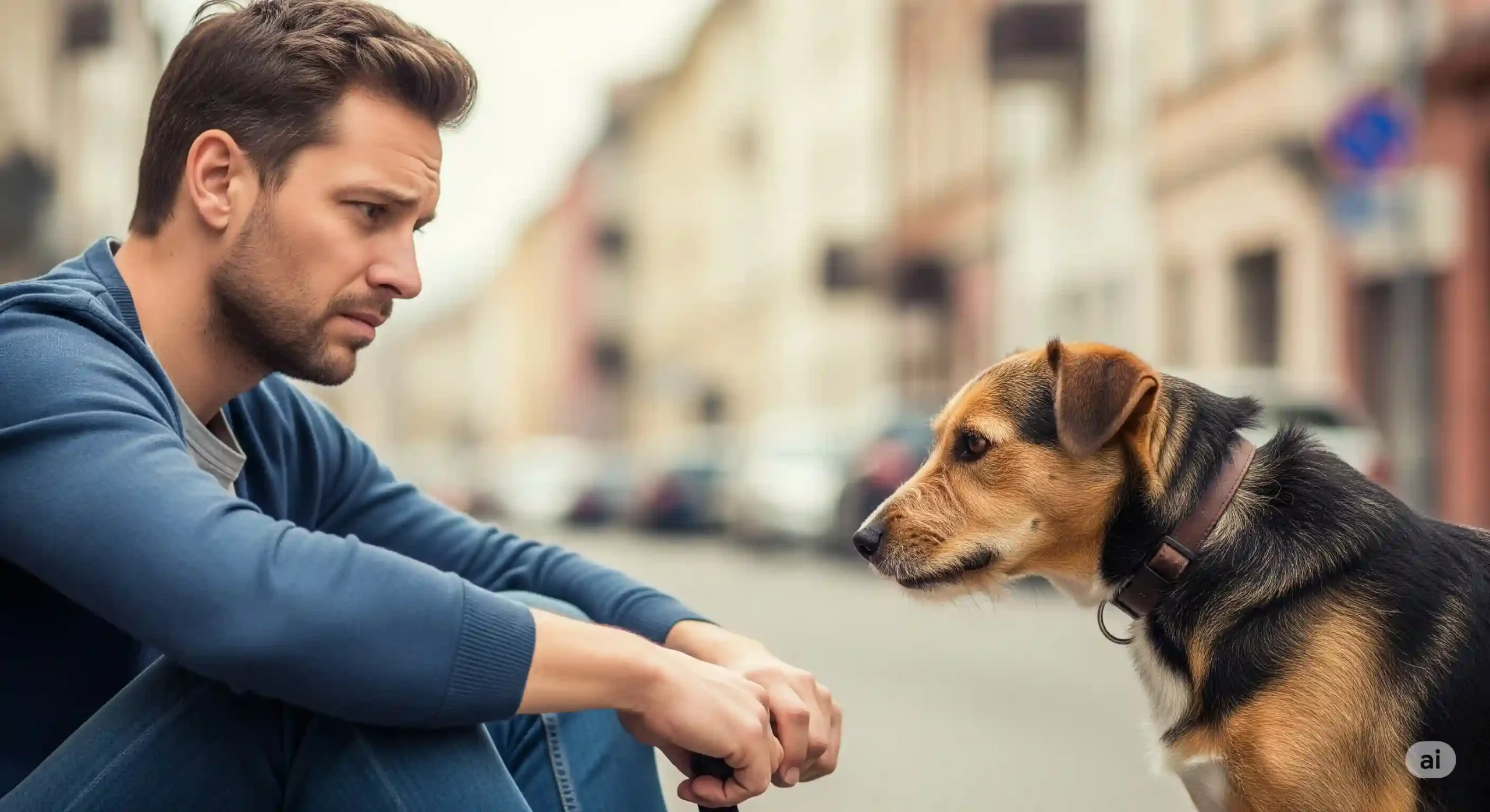 Cuando pasear deja de ser un momento feliz con tu perro Hombre frustrado observa a su perro durante un paseo urbano