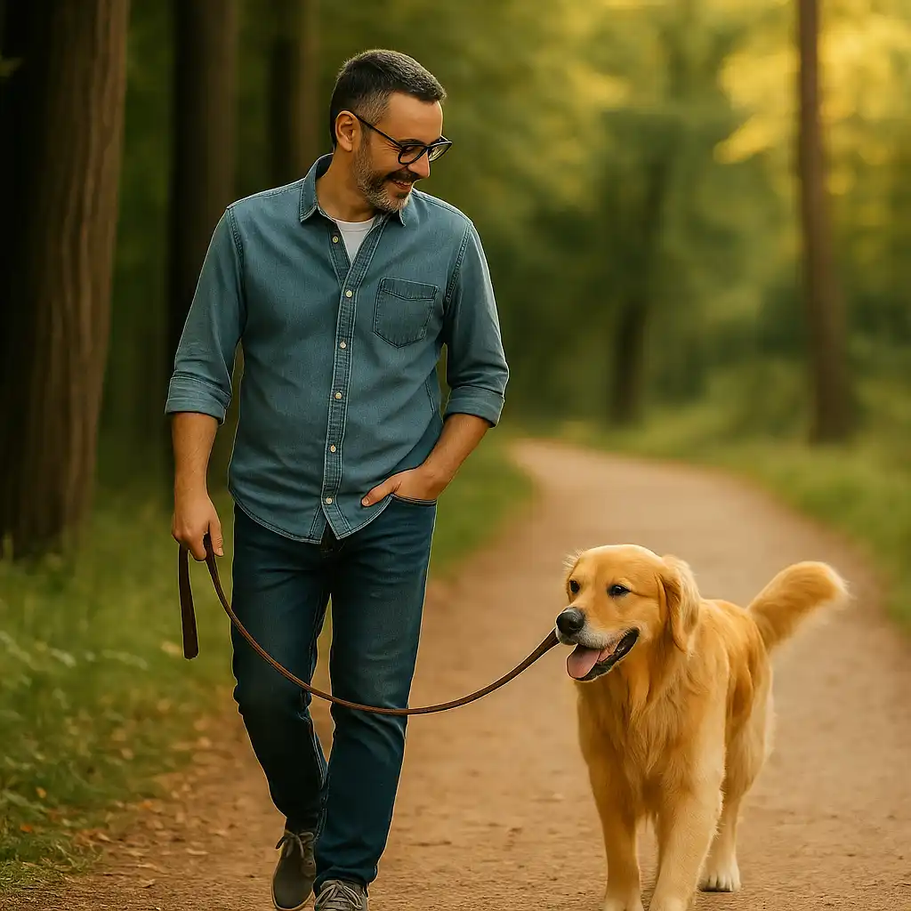 Paseo relajado con tu perro, disfrutando juntos del momento. Tutor paseando con su perro en un entorno tranquilo, mostrando conexión y complicidad.