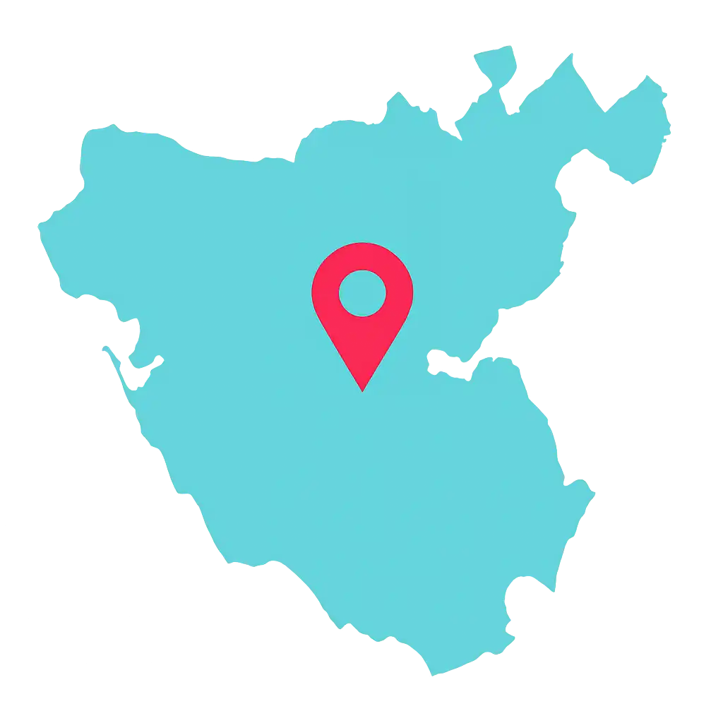 Adiestramiento canino en Cádiz y todos sus municipios Mapa de la provincia de Cádiz en color turquesa con un icono rojo de ubicación en el centro, representando el servicio de adiestramiento canino en Cádiz y sus municipios.