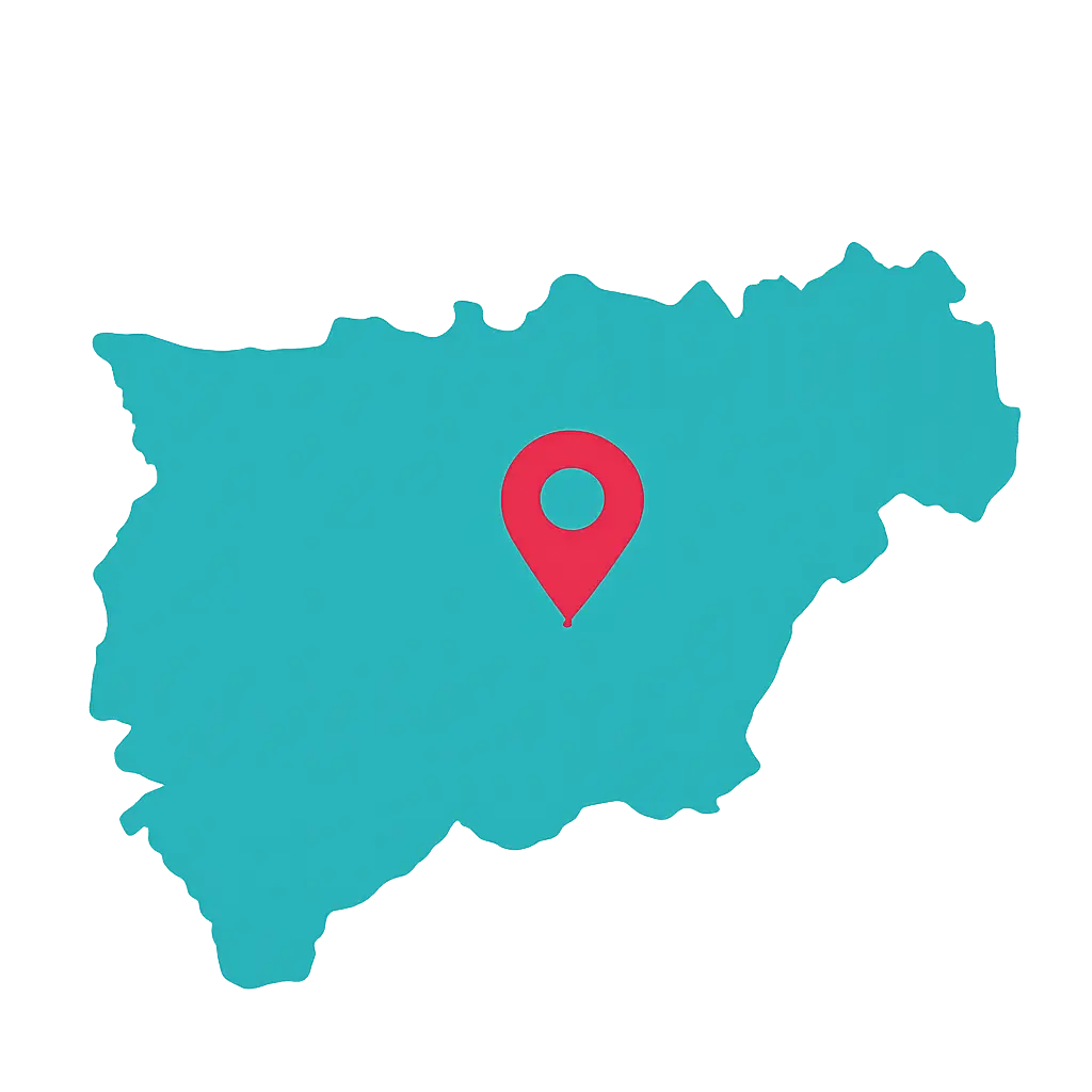 Mapa de Jaén – Localización de servicio de adiestramiento canino Silueta de la provincia de Jaén con icono de ubicación roja para adiestramiento canino online y presencial