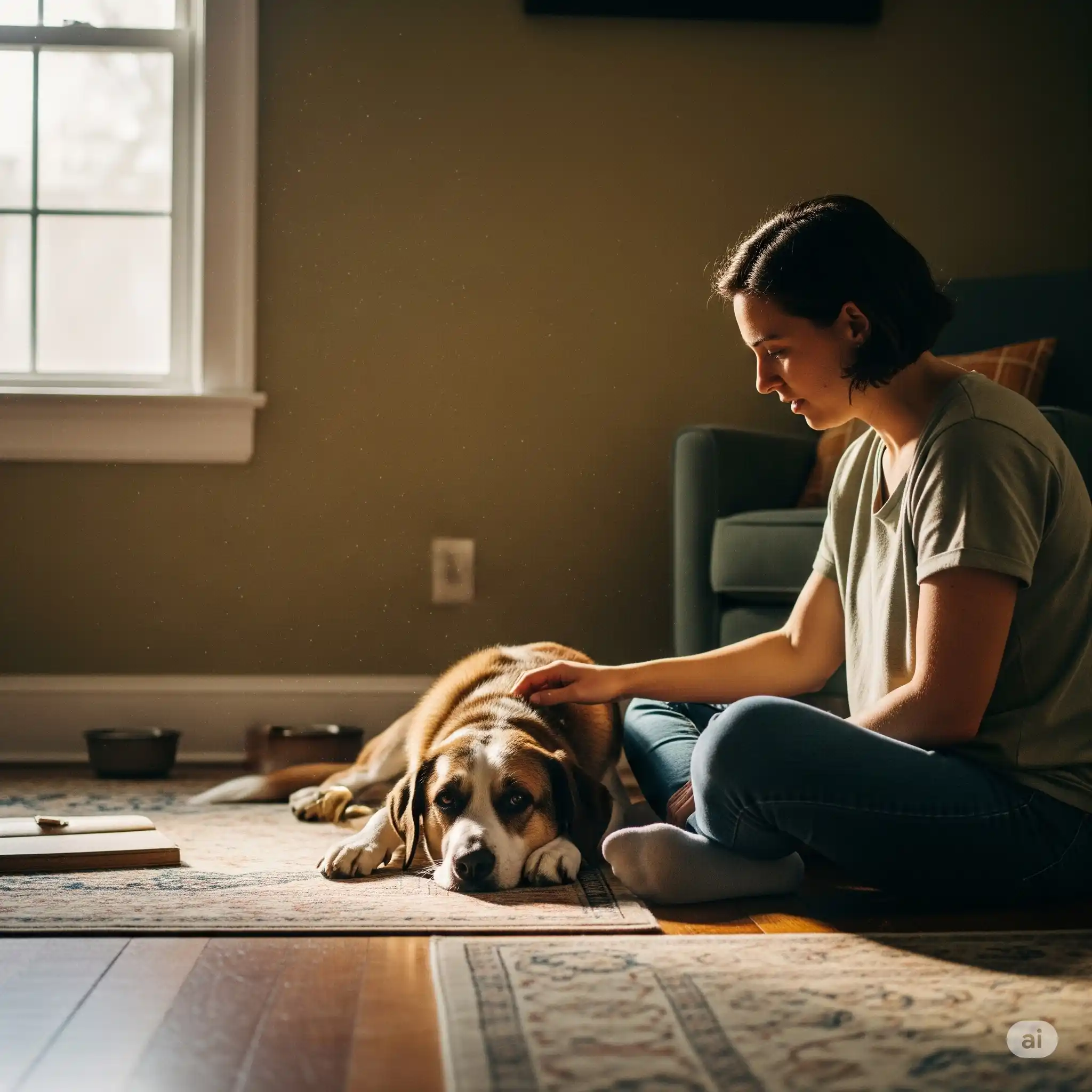 Un proceso real entre perro y tutor – Método CanÉpica Tutora acariciando a su perro tumbado en casa, reflejando calma y conexión emocional durante un proceso de adiestramiento real