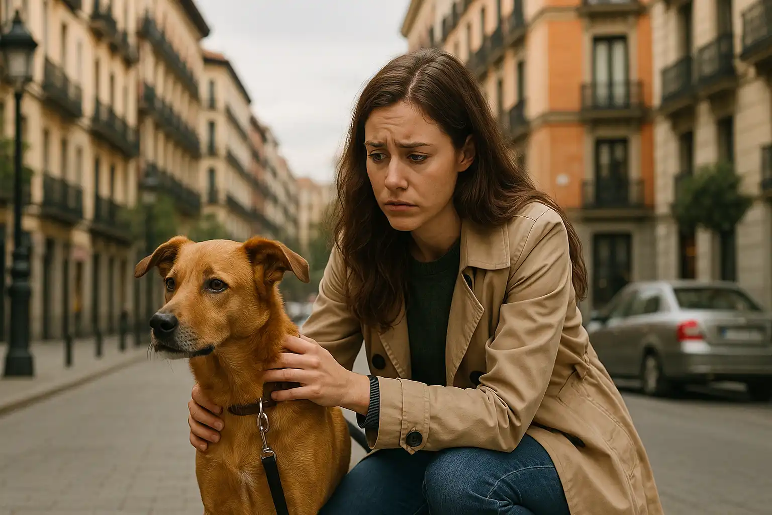 Mujer joven con gesto de preocupación mira a su perro sentado en una calle de Madrid.