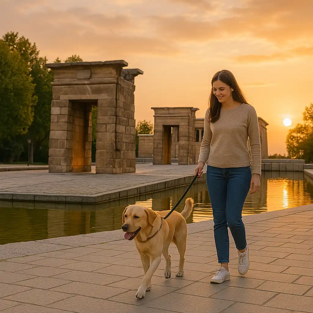 Mujer paseando tranquilamente con su perro por el Templo de Debod en Madrid al atardecer.