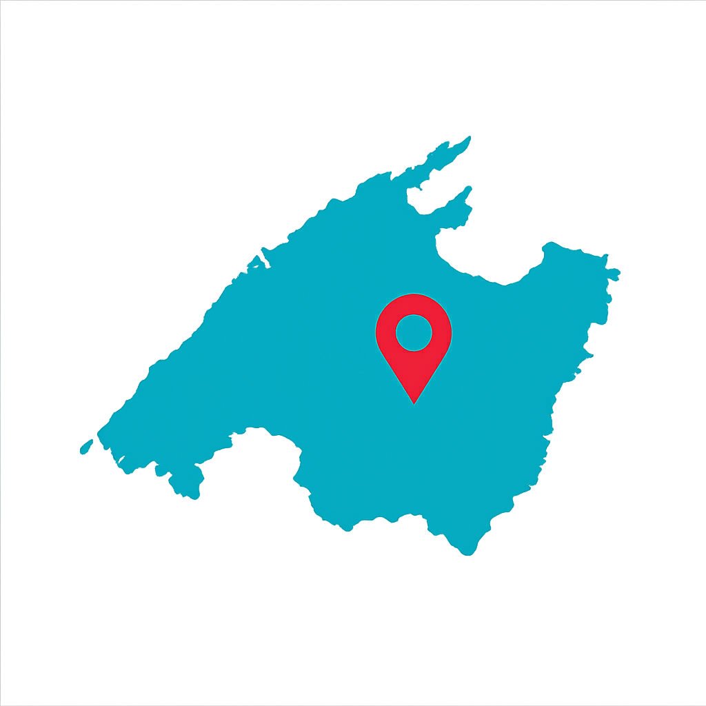 Mapa de Mallorca con marcador de ubicación del servicio de adiestramiento canino.