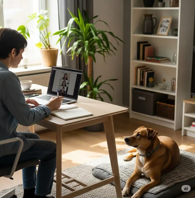 Sesión de adiestramiento canino online con el perro presente en casa Tutor trabajando el comportamiento de su perro durante una sesión de adiestramiento online en casa